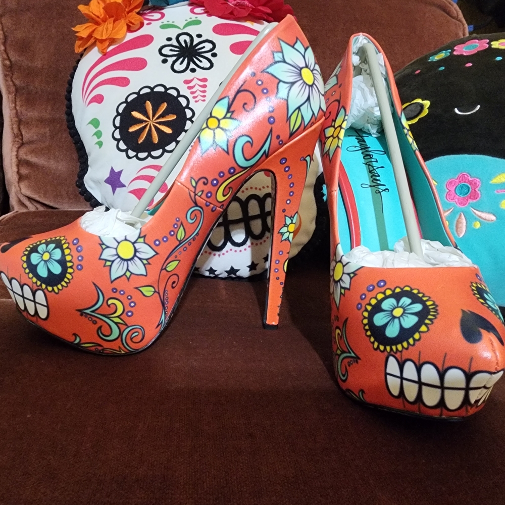 Colorful Floral Skull High Heels